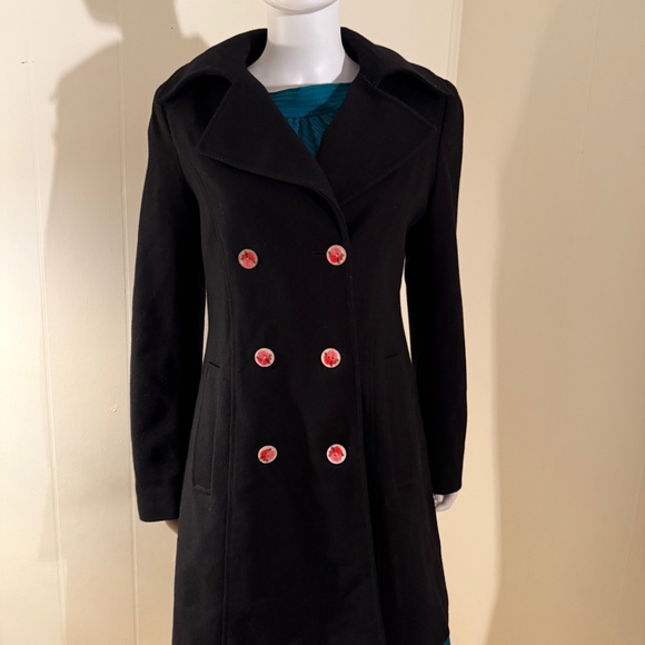 Michael Kors, sz 8, Double-Breasted Black Wool Coat with Rose Button Detail OAK - Picture 2 of 10